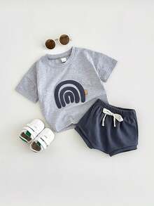 新生兒男女彩虹拼布T恤和短褲夏季休閒2件套裝