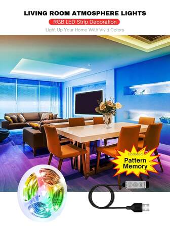 3.3-50ft/1-15m RGB LED Light Strip 3-Button Control LED Mood Light With Pattern Memory For TV Backlight, Desktop TV Closet Bedroom Holiday Decorative Lights, USB Powered DIY LED TV Backlight For Party Atmosphere Decoration, Home Decor Living Room, Bedroom, Four Corner LED Light Strip For House Outline Lighting Decoration,