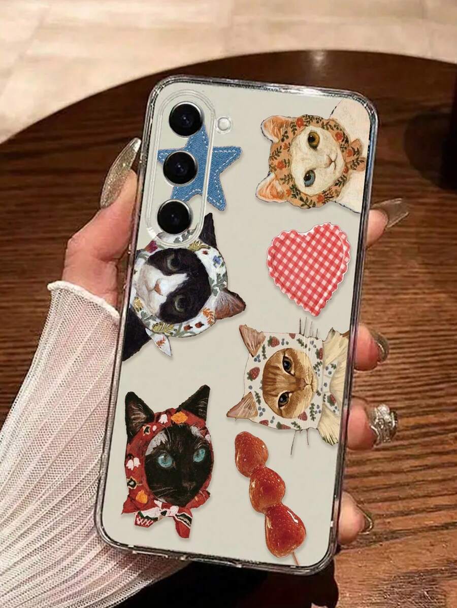 1pc Fashionable Cat Pattern Transparent Painted Thick Anti-Drop Phone Case Compatible With IPhone 16/11/16pro/16plus/16promax/16e/15Promax/13/14/12/XS/XR/7G/8P, Compatible With Samsung Galaxy 11/12Pro/12/12X/13Pro/14Pro/15Pro/, Compatible With Redmi 10/9/Note9/12c/Note11pro/Note8Pro - Multicolor - View 1