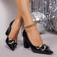 Women's Fashion Plus Size Black Glossy Chunky Heel Buckle Decor High Heels, Elegant & Comfortable For Work