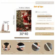 1 pièce, canevas murale, Décoration murale de Noël encadrée, Décoration vintage du Père Noël, Peinture d'arbre de Noël, Père Noël portant des cadeaux, Art de Noël, Affiche de Noël d'hiver, Peinture à l'huile de Noël vintage, Art des fêtes, Peinture à l'huile de style campagnard, Ornements de Noël