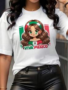 [2025 nueva llegada] camiseta de manga corta para mujeres de verano patrón de moda diseño impreso sensación de estilo casual cuello redondo pullover camiseta para mujeres top versátil - Blanco - Ver 1