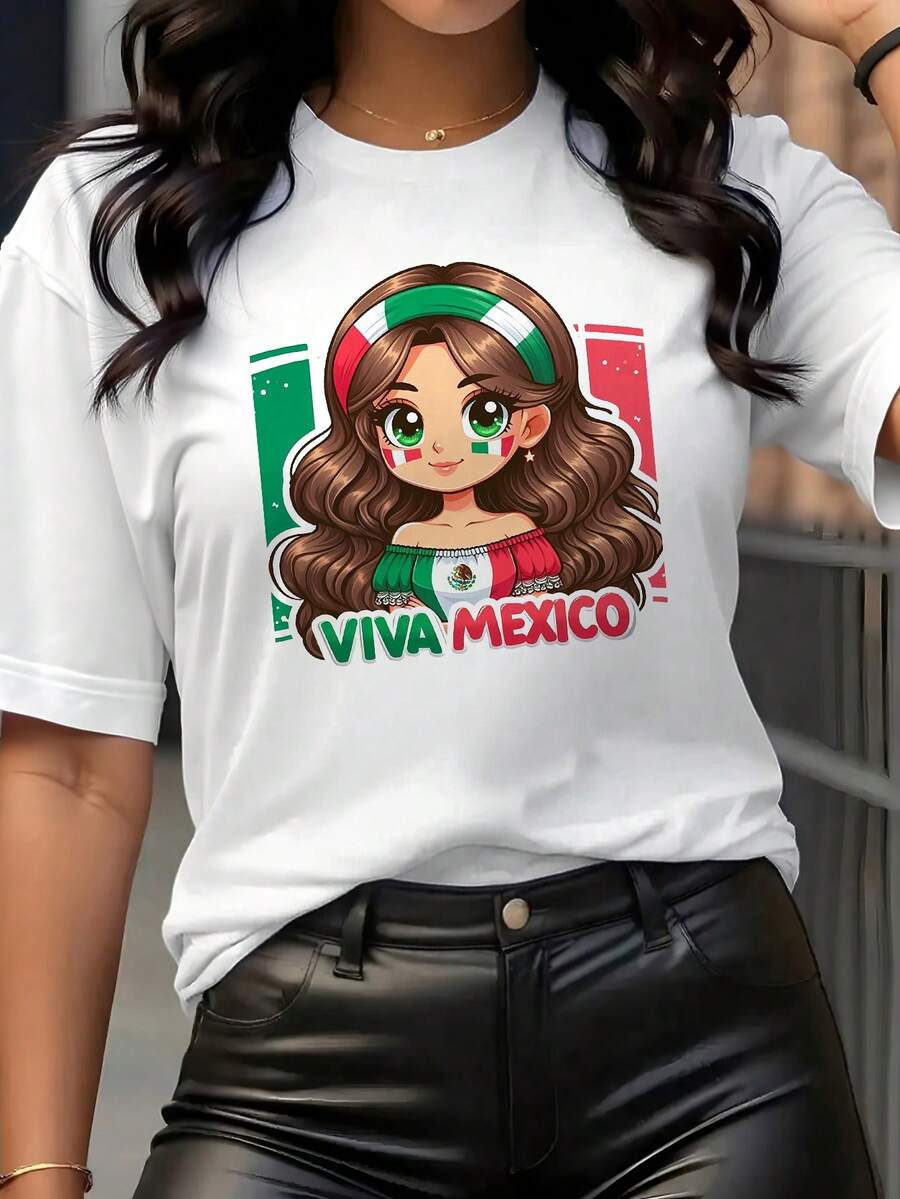 [2025 nueva llegada] camiseta de manga corta para mujeres de verano patrón de moda diseño impreso sensación de estilo casual cuello redondo pullover camiseta para mujeres top versátil - Blanco - Ver 1