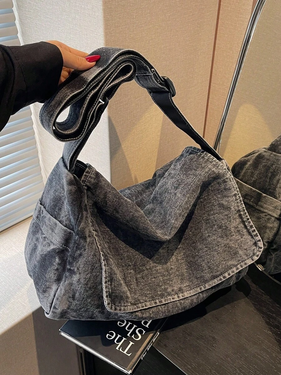 复古美式极简水洗加厚深灰色帆布包，百搭大容量斜挎包，休闲大学生单肩包，可折叠拉链翻盖快递包，简约街头风格流浪包 - 深灰色 - 查看 1