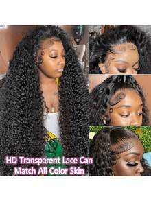 200% Dichte Tiefe Wellen Spitzenperücke, 13x4 Lockige Spitzenperücke, 13x4 Spitzenfrontal Perücke, Klebefrei Perücke mit Baby Haar, Naturfarbe, Brasilianisches Jungfernhaar, geeignet für den täglichen Gebrauch, eleganter Stil, atmungsaktiv und leicht - Natürlich & Schwarz - Übersicht 5