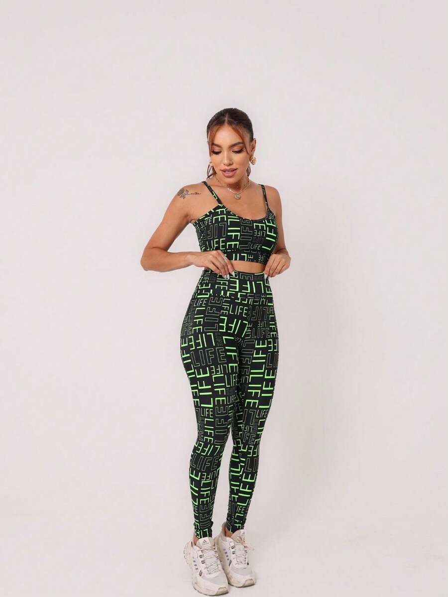LIFE Women's Printed Fitness Set With Padded Top + High Compression Leggings - Black/ - View 1
