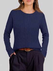 White Women's Long Sleeve Knit Solid Color Casual Ribbed Beach Sweater - Navy Blue - View 7