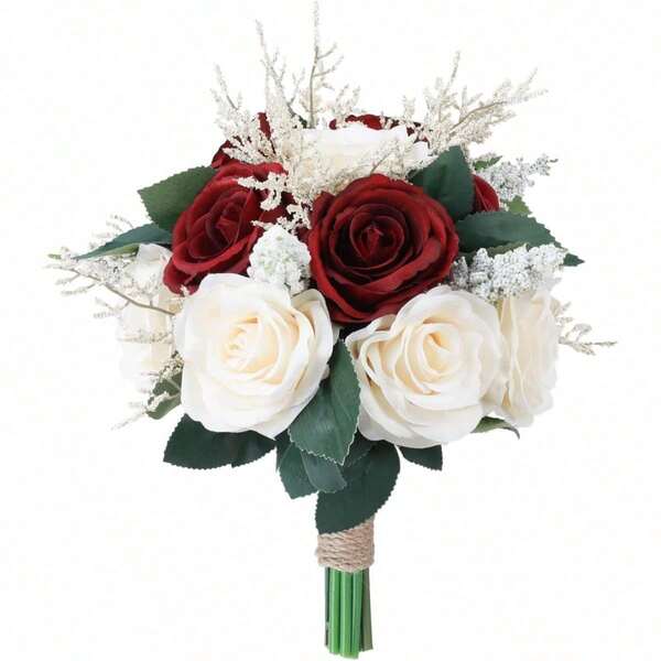 Artificial Burgundy Rose Bouquet, Wedding Bridal Bridesmaid Bouquet, Church Home Decor Gift