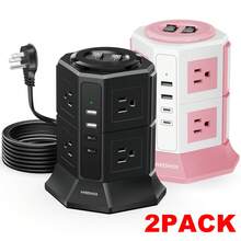 Ultra Flat Plug Surge Protector Power Strip Tower, 8 AC Outlets 4 USB Charger Ports(2 Type-C),NVEESHOX 6.5 Ft Flat Ultra Flat Extension Cord, Compact Desk Charging Station For Office, School, Dorm - 美規B型插(110-127V) - 查看 10