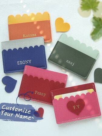 1pc Custom Name Duotone Scallop Card Case Customized Initals Credit Card Holder With A Fun Scalloped Shape Personalized Gold Monogram Slim ID Card Wallet With 3 Slots Faux Leather Slim Front Pocket Wallet For ID Cards Funny Cute Thin Card Organizer Gifts