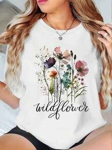 Camiseta con estampado floral de flores silvestres ,Camiseta informal de algodón de verano para mujer, manga corta, cuello redondo, 220 g/m2 (1 pieza) - Blanco - Ver 1