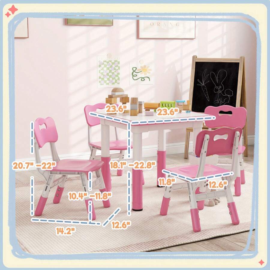 Adjustable Height Activity Table Set With 4 Chairs And Storage Box 23.6 Inch Square Pink MDF Construction 7 Level Table Adjustment Space Saving Design 110lb Capacity