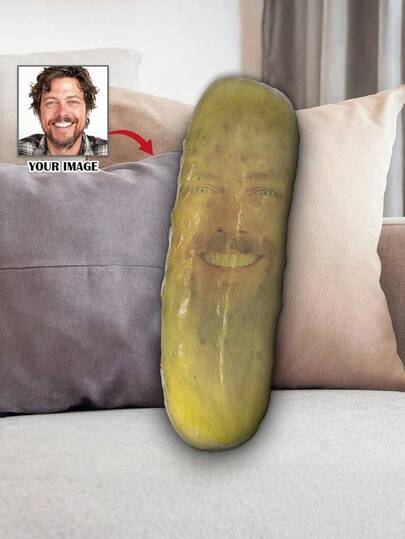 1pc Custom Face Pickle Shaped Ugly Plush Pillow, Funny Personalized Food Pillow With Your Photo, Hilarious Custom Pickle Plush Cushion, Creative Decorative Throw Pillow For Sofa Chair Couch Bed Dorm Car Office, Unique Custom Face Pickle Pillow Gift For Kids Adults Friends