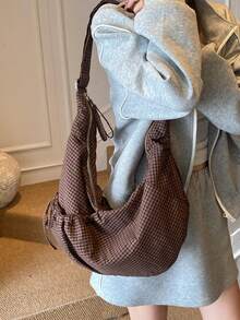 日式格子单肩包，时尚褶皱蝴蝶结拉链开合斜挎包，学校/大学生轻便折叠布包，适合购物、日常通勤，月牙形 - 彩色 - 查看 15