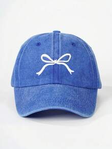 1pc Embroidered Bow Washed Baseball Cap, Breathable Adjustable Outdoor Golf Sun Hat For Women, Fashion Curved Brim Sun Hat For Men, Suitable For All Seasons, Couples Y2K Style
