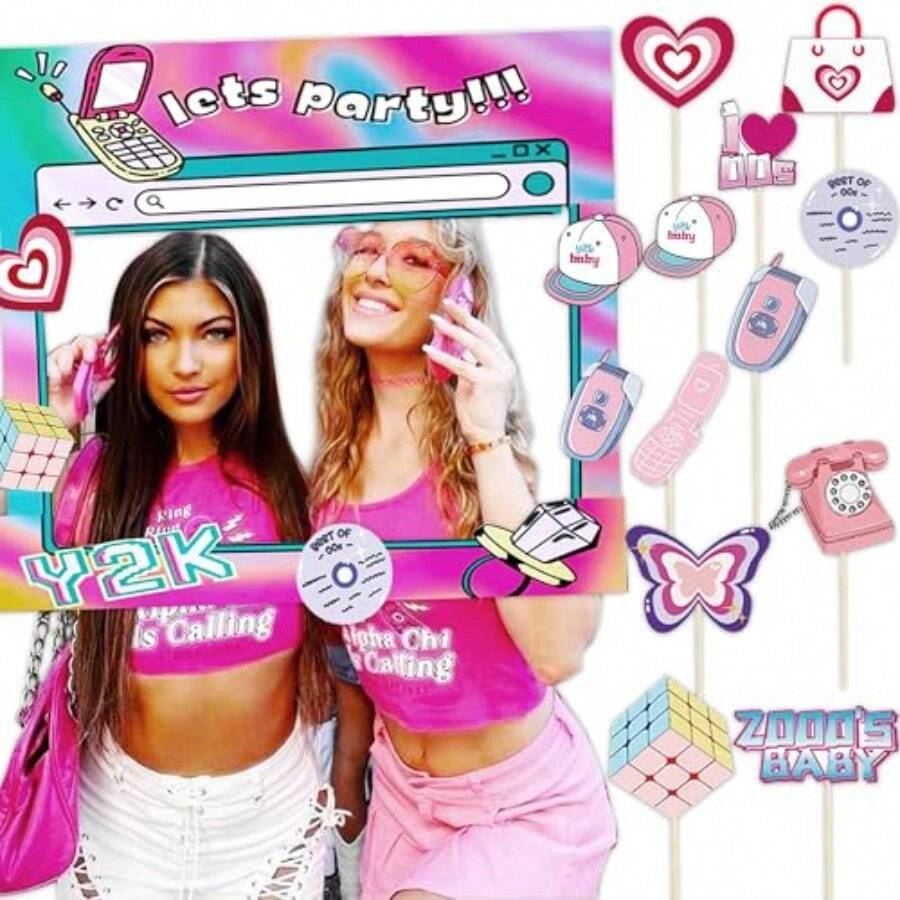 QY -Y2K Party Supplies 2000s Party Photo Booth Props 00s Party Decorations 2000's Theme Birthday Party Supplies Vintage Retro Y2K Party Decor -9608 - 粉色 - 查看 1
