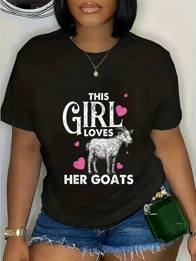 Camiseta gráfica casual para mujeres - Impresión "This Loves Her Goats" con corazones, mezcla elástica de poliéster y spandex, cuello redondo de manga corta, lavable a máquina, esencial para primavera, verano y otoño, moda de temporada, impresión divertida, ajuste cómodo