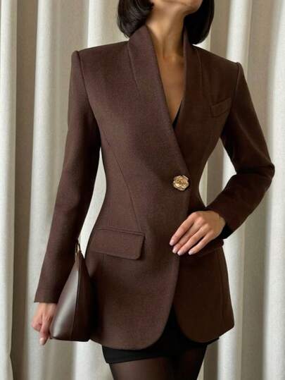 2025 秋冬优雅女式西装外套 - V 领长袖腰部收腰西装外套，配有 3D 花卉金属纽扣，非常适合通勤、派对、婚礼宾客和日常穿着