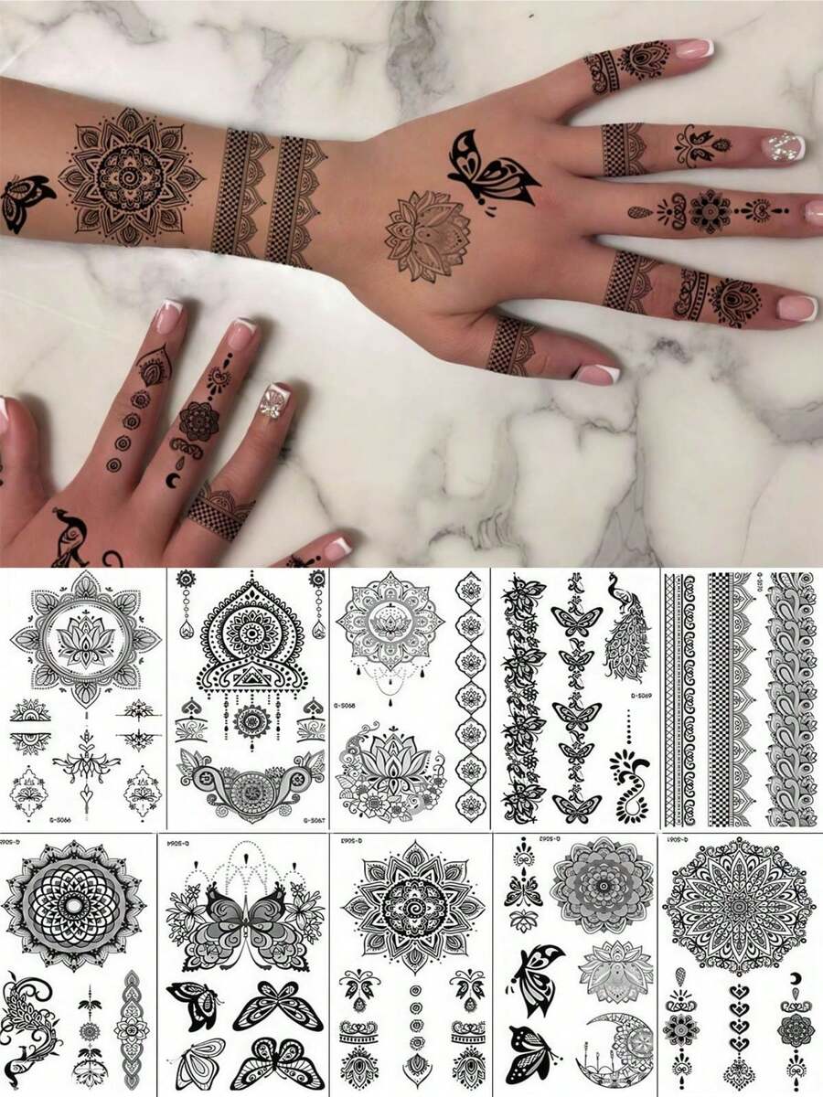 10 Blatt schwarze Henna Tattoos mit Mandala Blumen Schmetterling, wasserfeste temporäre Finger- und Handtattoos Aufkleber für tägliches Make-up, Festivals, Partys, Abschlussbälle und Accessoires