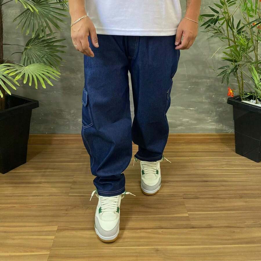 Calça Cargo em Jeans Unissex Diversas Cores - Cargo c Linhas Brancas - Visão 1