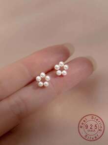 1pair S925 Silver Simple Hollow 5 Balls & Pearl Stud Earrings For Girl