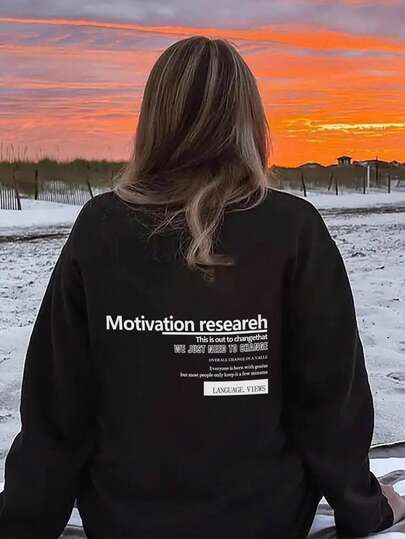 Women's Simple Black Letter Print Loose Casual Comfortable Sweatshirt, Suitable For School, Daily Commute, Christmas, New Year, Unisex, Crew Neck Long Sleeve, Autumn/Winter