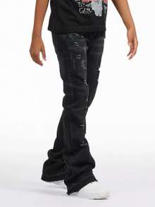 Men's Denim Flare Jeans, Skinny Fit Pants, Distressed Flare Jeans With Patches, Y2K Stacked Jeans, Contrast Washed Embroidered Jeans, Suitable For All Seasons - Black - View 3