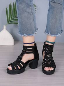 1 Pair Fashion Roman Style Teenager Mid-High Heel Sandals, Zipper Back Hollow Toe Design, Suitable For Outdoor, Commuting, Dance, Party, Beach, Size Runs Small, Suggest Ordering 1/2 Size Up - Black - View 7