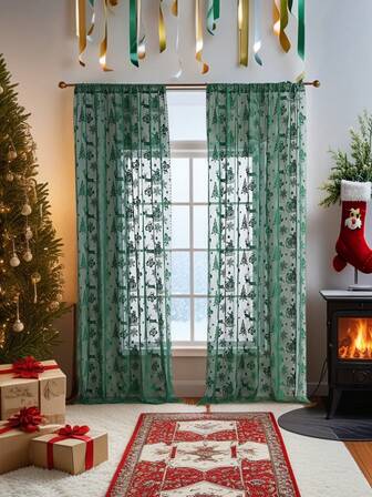 1pc Minimalist Santa Claus Lace Curtain Panel, Window Sheer Divider Curtain, Holiday Decor