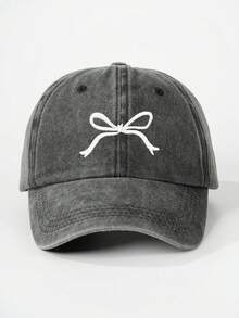 1pc Embroidered Bow Washed Baseball Cap, Breathable Adjustable Outdoor Golf Sun Hat For Women, Fashion Curved Brim Sun Hat For Men, Suitable For All Seasons, Couples Y2K Style