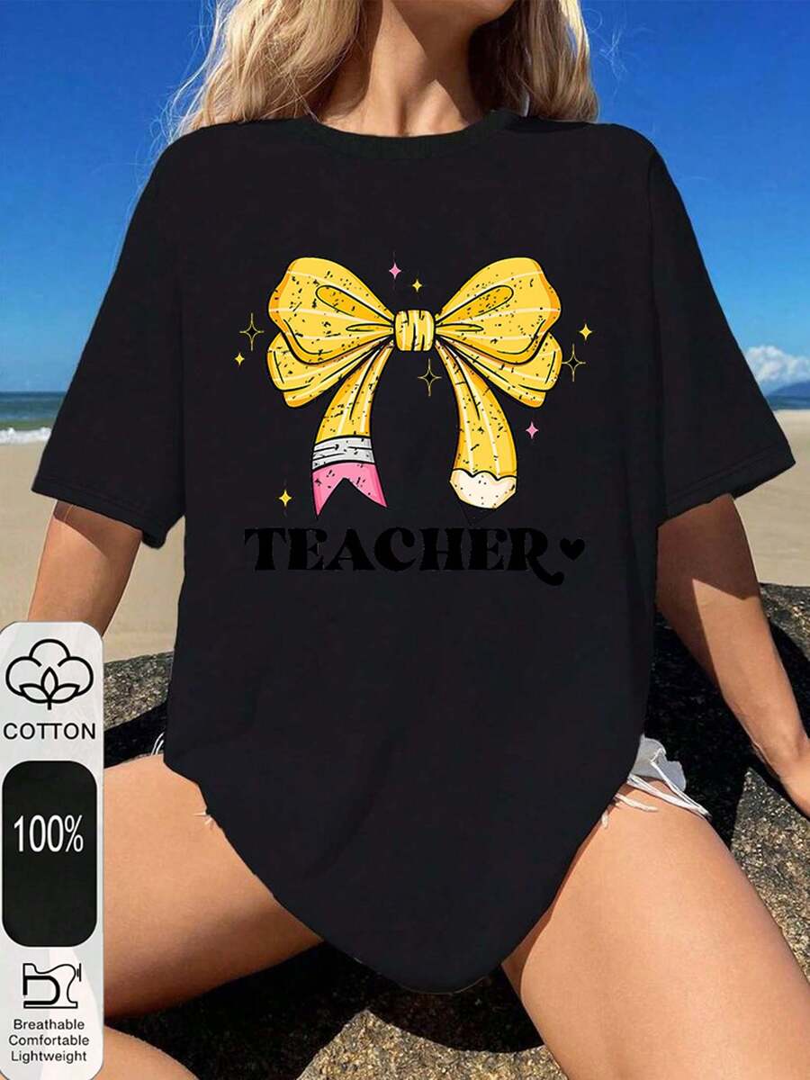 Imagen de Lazo y Lápiz 180g camiseta algodón negra y blanca,patrón de estampado tema profesor,impresión de alta calidad en algodón,cuello redondo,corte básico holgado,hombres y mujeres,transpirable,versátil,lavable a máquina,cómoda,talla S ~ 3XL,diaria,casual,deportes,imprescindible verano - Negro - Ver 1