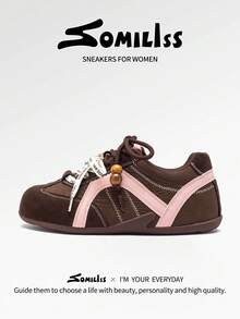 somiliss 女士软底宽头运动休闲鞋,时尚舒适薄底运动鞋,适合四季通勤和日常穿着,带足弓支撑,棕色 - 棕色 - 查看 2