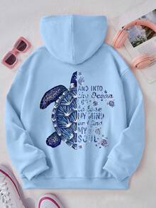 1PC Girl Literary Ocean Style Sea Turtle Print Hooded Sweatshirt, Soft And Comfortable, Spring Autumn Daily Leisure Wear