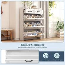 Shoe Cabinet, Consisting Of Three Large Flaps And Two Drawers, Wooden Shoe Cabinet, Shoe Rack, Suitable For Entrances And Living Rooms - Dimensions: L80 / D23.5 / H125 Cm - White - View 6