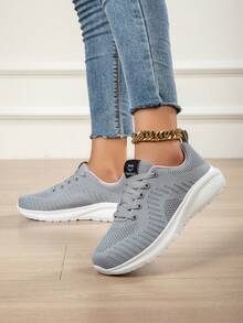 Women's Casual Sports Shoes, Mesh Breathable Running Shoes, Lightweight Travel Shoes, Student Running Shoes, Flat Casual Shoes, Comfortable Loose Fit Sports Shoes, Fashion Sneakers, Knitted Mesh Breathable, Solid Color Office Mesh Shoes