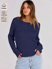 White Women's Long Sleeve Knit Solid Color Casual Ribbed Beach Sweater - Navy Blue - View 1
