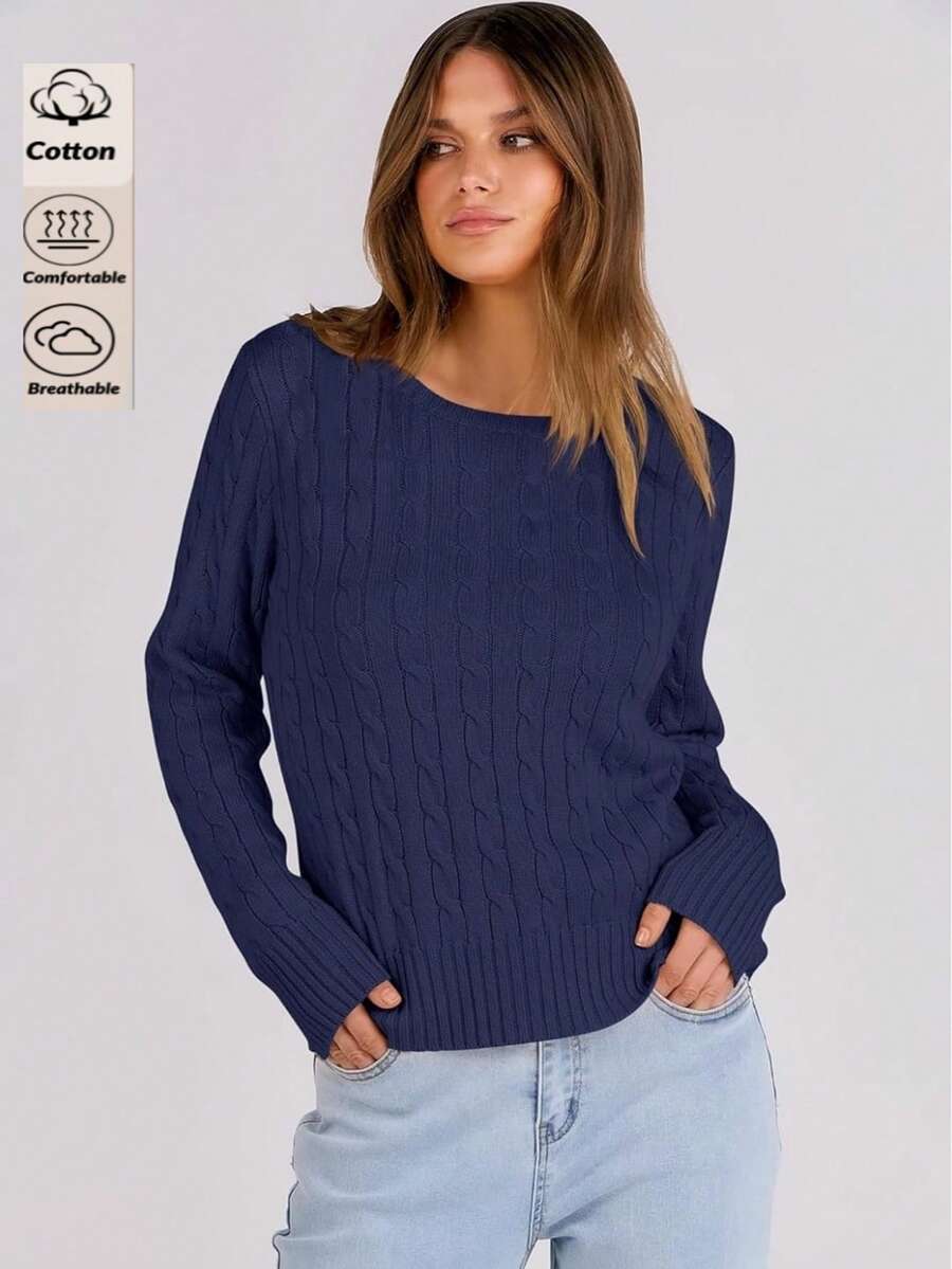 White Women's Long Sleeve Knit Solid Color Casual Ribbed Beach Sweater - Navy Blue - View 1