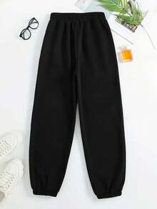 Conjunto set 2 piezas dama mujer casual sudadera hoodie bordado pecho jogger cintura elástica ajustable cordones cómodo calientito otoño invierno moderno - Negro - Ver 3