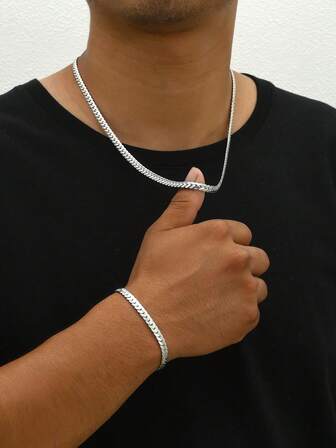 1 件时尚嘻哈不锈钢简约雕刻链项链，1 件雕刻男士手链，男士首饰套装，适合日常佩戴