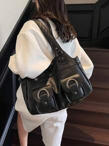 大容量纯色女士单肩包，时尚女士手提包，空间宽敞，可个性化定制单肩斜挎包，适合日常使用、上学、外出、购物、送礼、旅行、通勤等场合。 - 黑色 - 查看 4