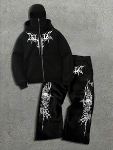 Men Fashion Street Zip-Up Hoodie With Dual Hoods And Mask, Sweatpants Set, Fall Clothes - Black - View 2