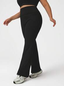 Sodalemon Plus Size Women's Foldable Waist Elastic Fitness Leggings, Outdoor Casual Tennis Flare Pants - Black - View 5