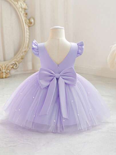 Vestido elegante de fiesta de Navidad con mangas cortas, lazo y tul púrpura para niñas, vestido de princesa adecuado para el 1er cumpleaños, banquete, vestido de dama de honor para boda