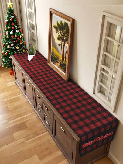 1 pieza Decoración navideña Muñeco de nieve, reno, árbol de Navidad, Camino de mesa a cuadros rojos, Decoración de ambiente para el hogar, Adecuado para sala de estar, dormitorio, cocina, Camino de mesa resistente a las manchas