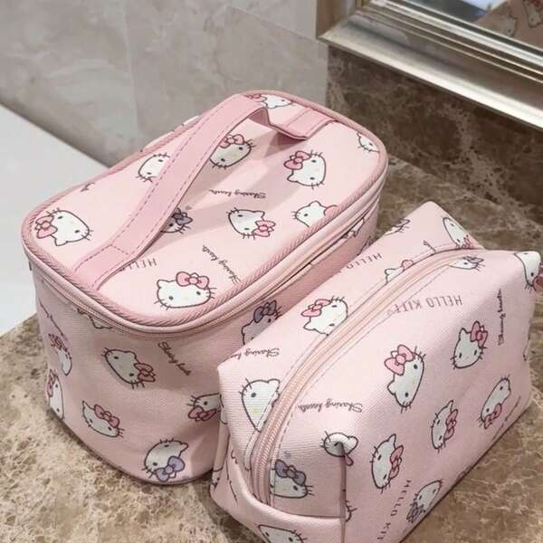 Sanrio Sanrio süße bedruckte japanische Cartoon Hello Kitty dicke Leinwand große Kapazität tragbare Make-up Tasche, niedliche Cartoon Kosmetiktasche Aufbewahrungstasche, geeignet für tägliches Makeup, Reisen, Schlafzimmer, Badezimmer, Wohnheim, Valentinstag Geschenk