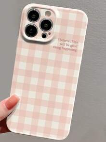 Ốp lưng điện thoại màu hồng, chất liệu PC, kiểu dáng tối giản, họa tiết kẻ caro nhiều màu sắc, in khẩu hiệu, có lỗ thoát âm, màng phim bóng, tương thích với iPhone 11/12/13/14/15/16 Pro Max, phiên bản quốc tế, không phải phiên bản nội địa. - Nhiều màu - Xem 4