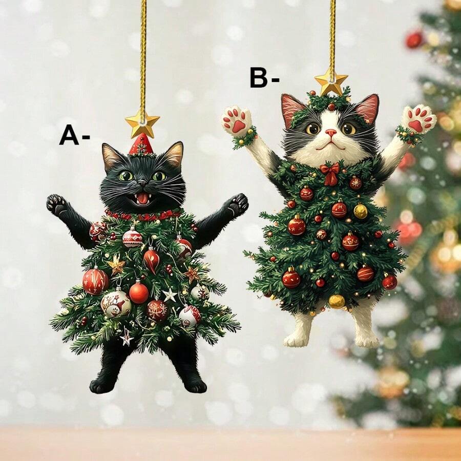 1pc Christmas Cat Wearing Christmas Tree Ornament, Creative Christmas Gift For Car Rearview Mirror, Backpack, Key Chain, Cute & Funny Cat Accessory, Unisex Holiday Gift