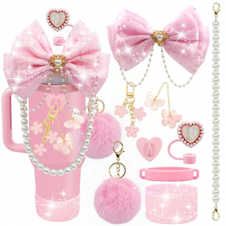 QY Bling Cup Accessories For 40/30/20 Oz Tumbler With Handle Including Glitter Bow Straw Topper, Heart Straw Cover, Pearl Water Bottle Handle Strap, Boot, Pom-Pom, Keychain Charms(Pink) 2216 - 粉紅色風格2 - 查看 1