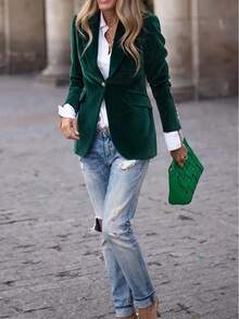 Women's Single-Breasted Velvet Blazer With A Pointed Collar, Suitable For Spring Office Wear Or Parties. Local Warehouse - 綠色 - 查看 6