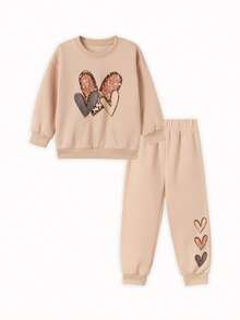 可爱风格女孩冬季服装，亮片心形运动衫+卷边裤，舒适又吸睛 - 杏色 - 查看 2